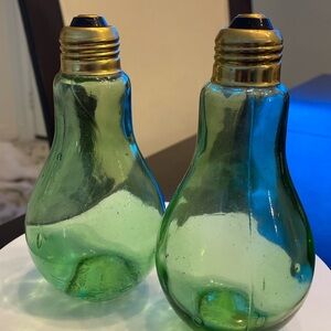 Vintage 60’s MCM Hong Kong Green Glass Lightbulb Salt and Pepper Shaker Set